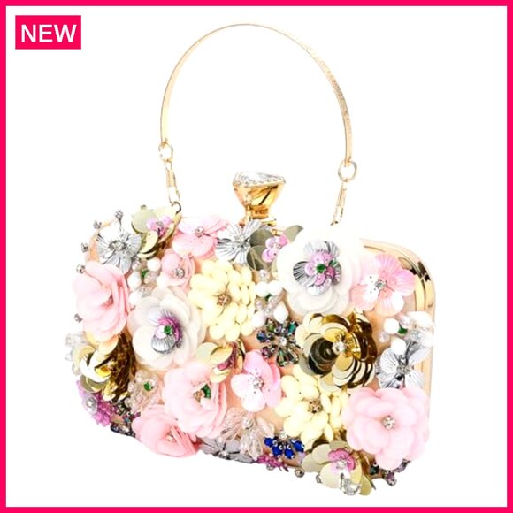Satin Evening Clutch with 3D Beaded Flowers, Detachable Chain, 7.87\